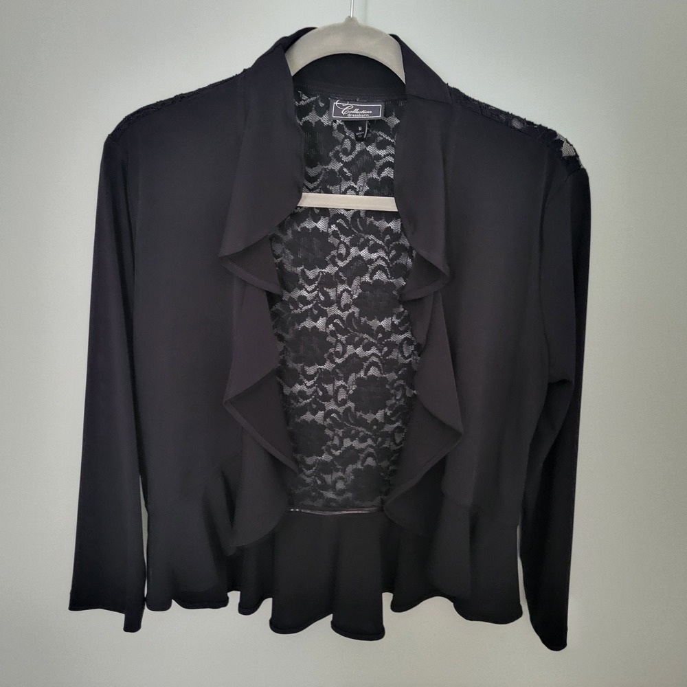 Women Medium Black Lace Floral Open Front Cardigan Bolero Jacket Shrug